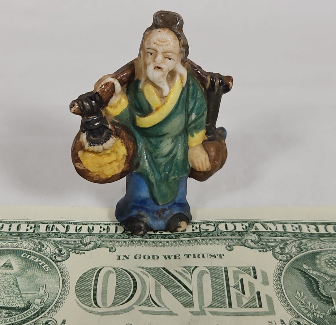 Vintage Japanese Miniature Figurine Yoke Bearing Man Coin Peach Peasant