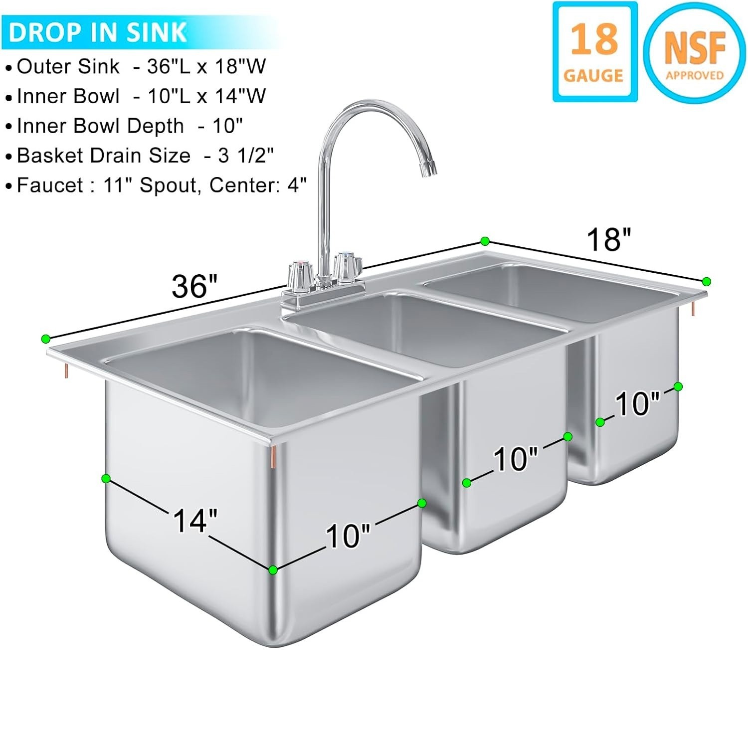 Stainless Steel 3 Compartment Drop-In Sink with Faucet, New