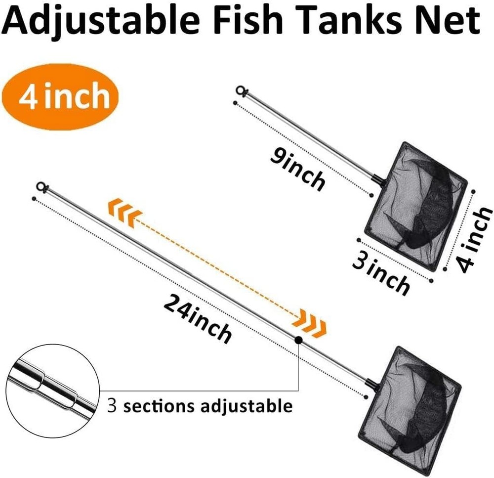 Extendable Aquarium Fish Net - 4" Fine Mesh with 9-24" Stainless Handle