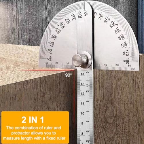 Stainless Steel Angle Protractor, 0-180° Round Head Protractor, Silver
