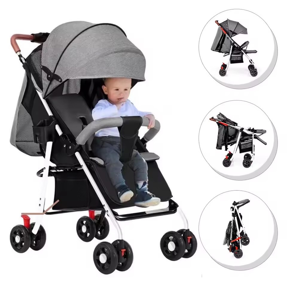Lightweight Foldable Baby Stroller – Reclining Backrest, Steel Frame
