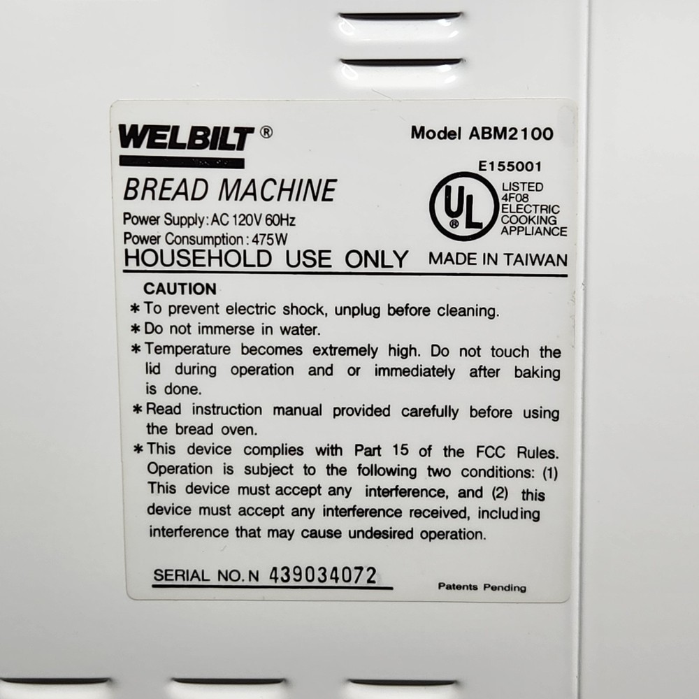 Welbilt Bread Machine 1 lb & Dough Maker 1.5 lb ABM2100 Fully Automatic Complete