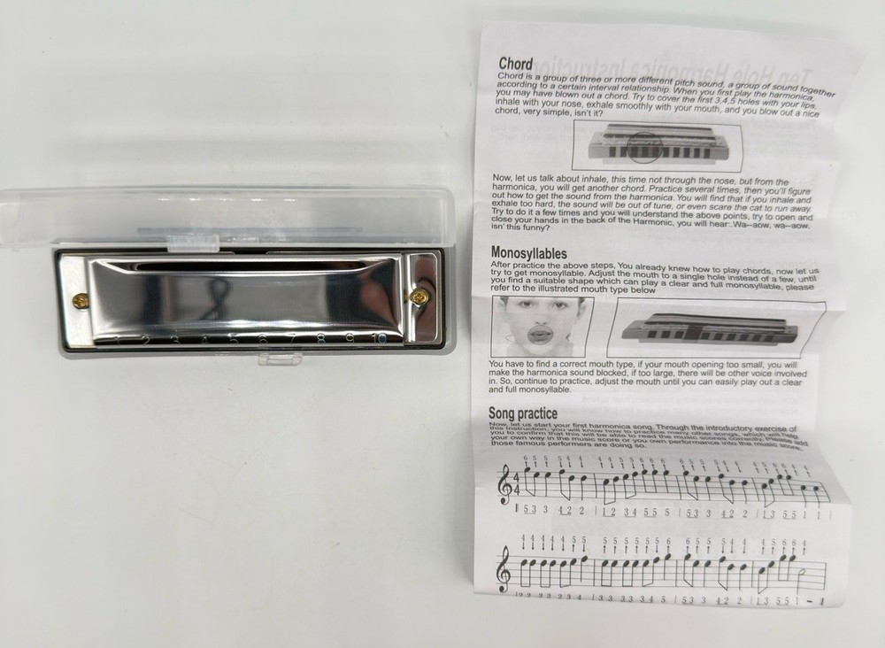 Ten Hole Harmonica with Case & Instructions