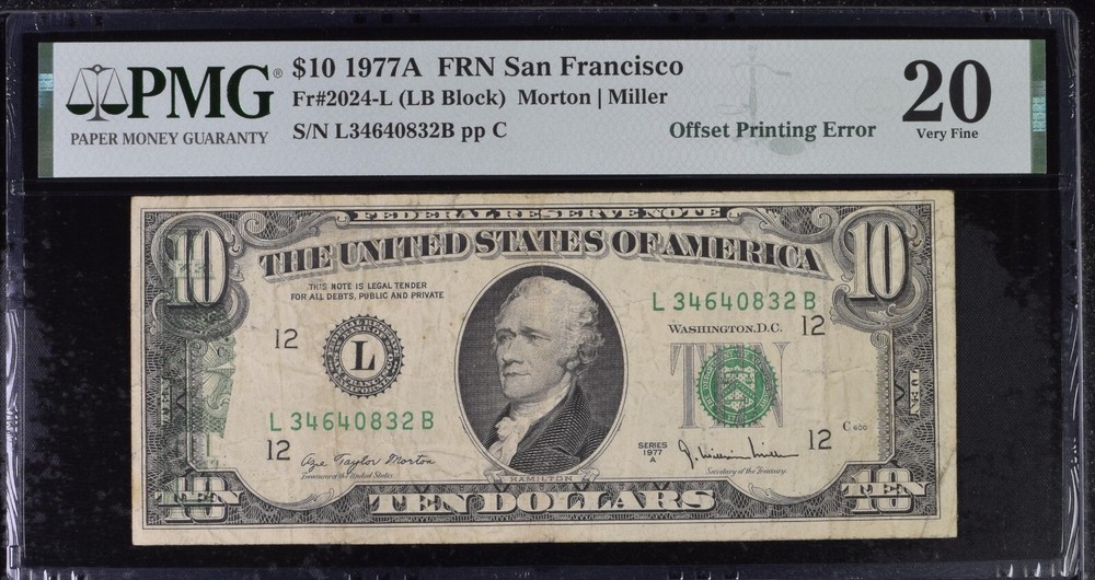 PMG20 1977 10$ OFFSET PRINTING ERROR 0832B