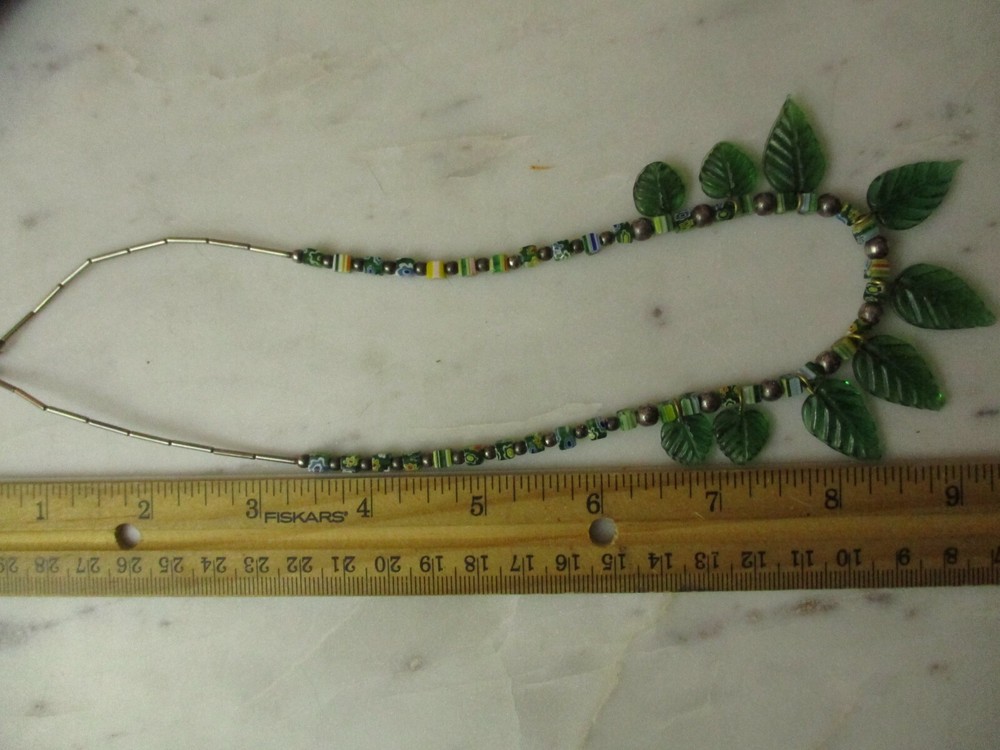 Glass necklace Merano beads leaf pattern hippy boho