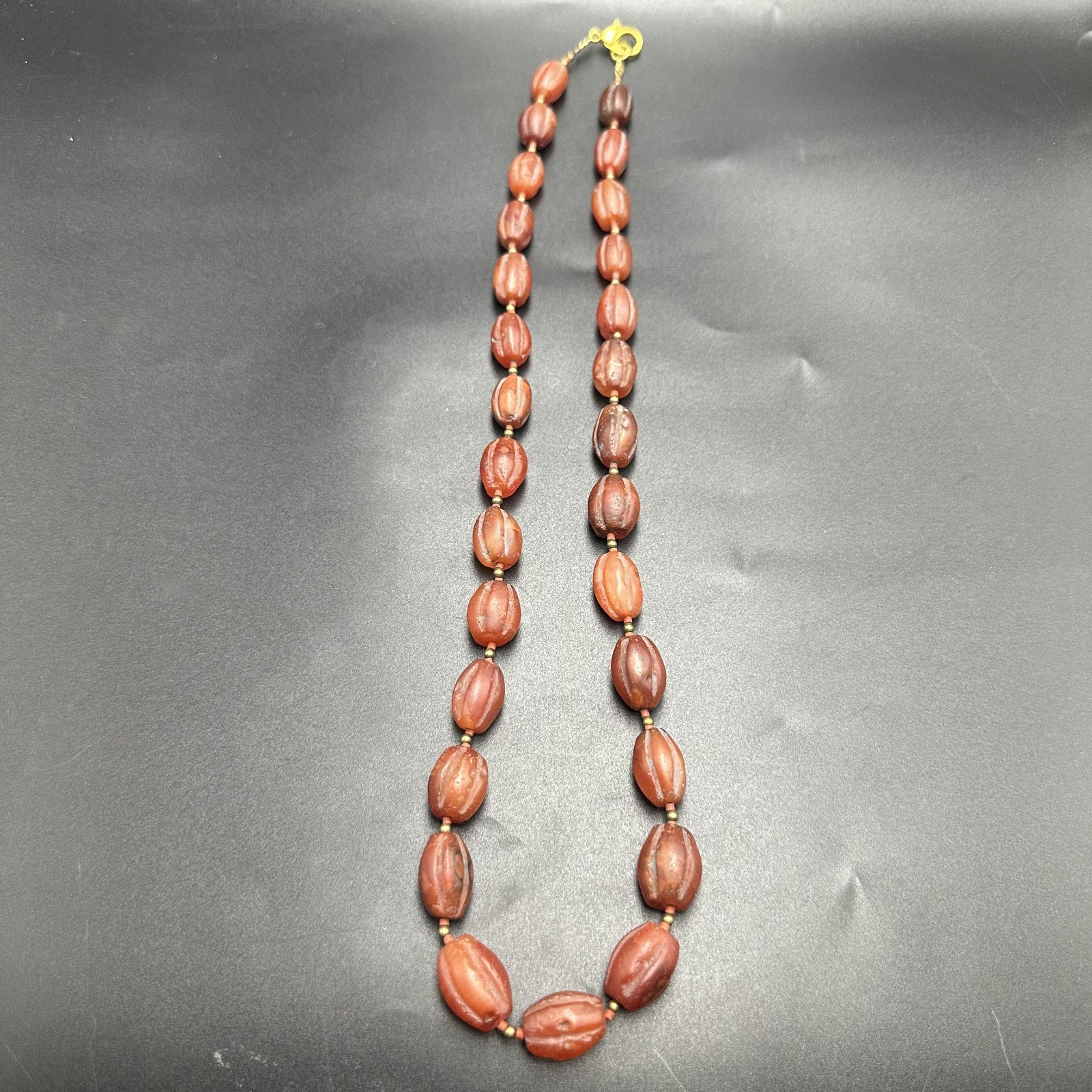 Vintage Himalayan Tibetan Carnelian Carved Agate Oval Shape Beads Necklace Mala