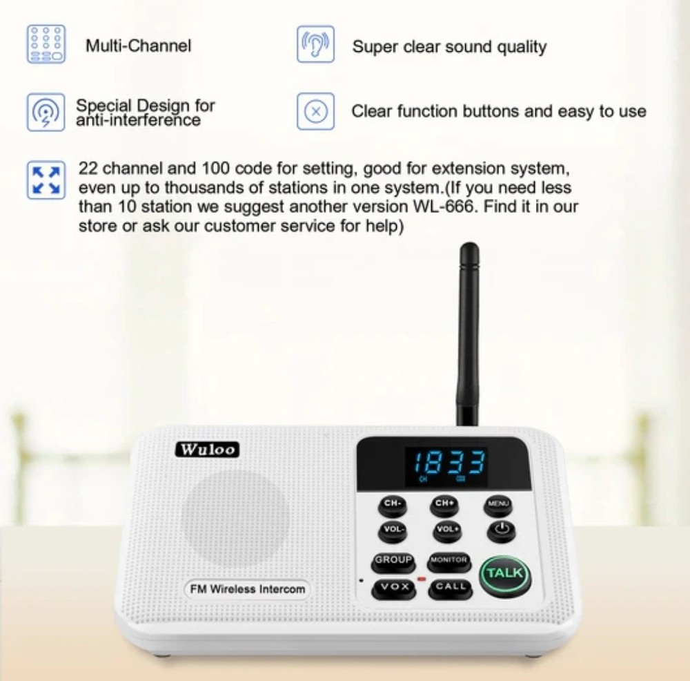 Wuloo Wireless 1 Mile Range Home Intercom System 2 Pack W888-P2 Multi Channel