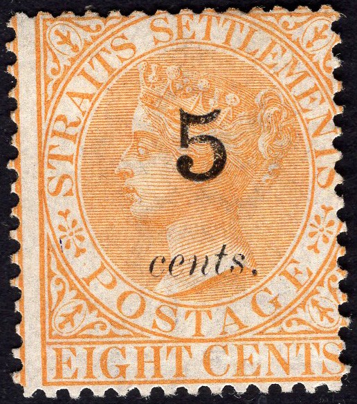 STRAITS SETTLEMENTS-1880 5c on 8c Orange Sg 41 MOUNTED MINT