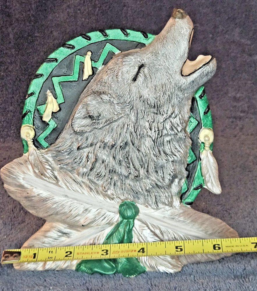 Indian Warrior Shield Hollowing Wolf W Feathers Ceramic Piece Hand-painted