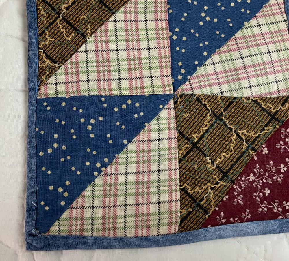 Antique Vintage Patchwork Small Doll Quilt Or Table Topper, 4 Patch W/ Triangles