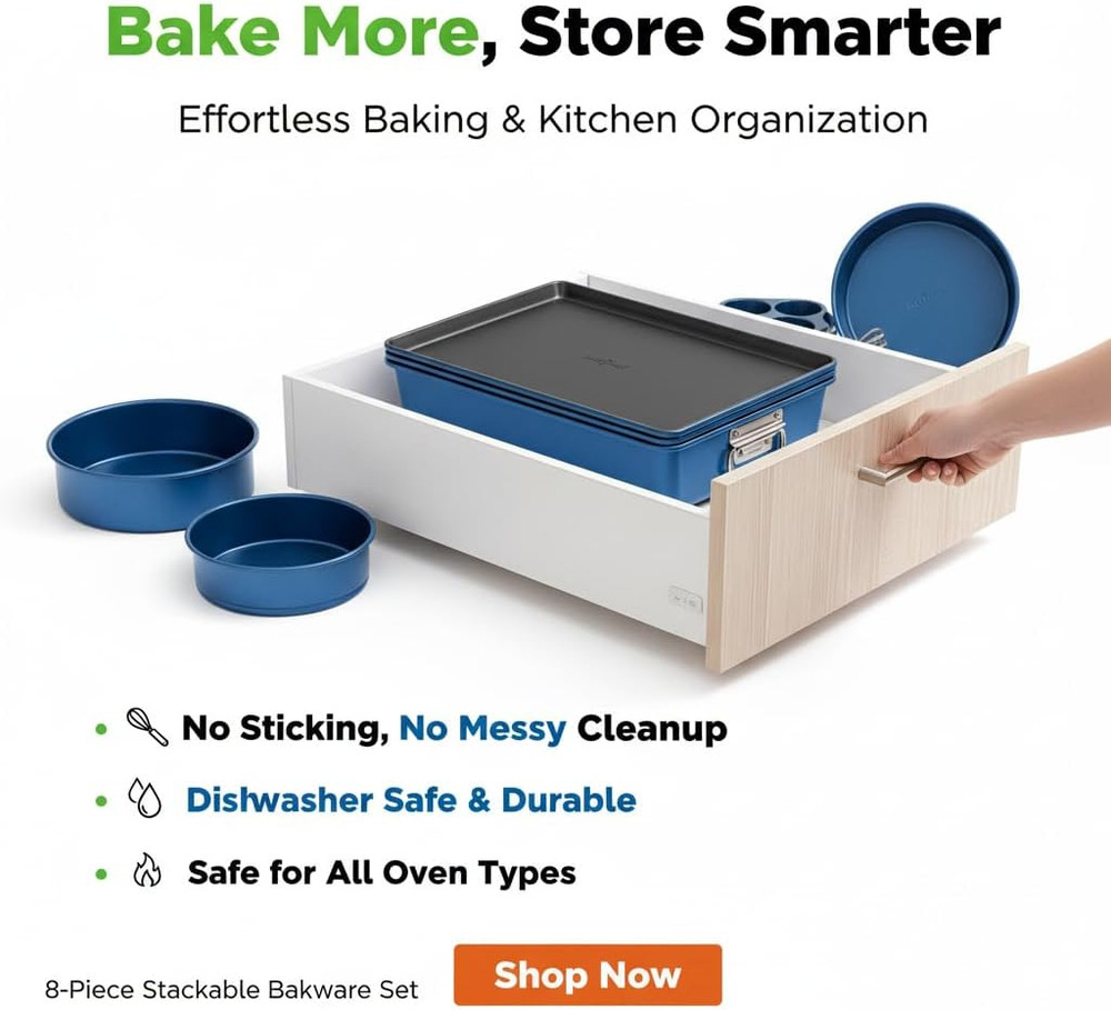 8-Piece Nonstick Stackable Bakeware Set - PFOA, PFOS, PTFE Free Baking Tray Set