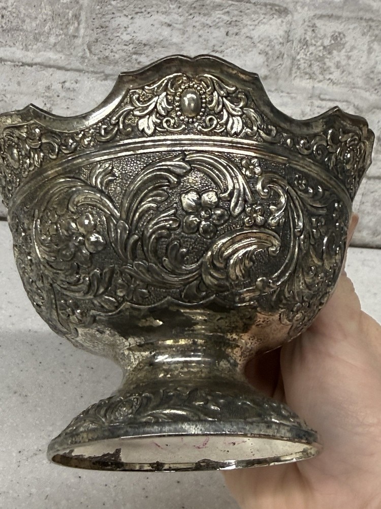 Vintage Repousse Silver Plated Ornate Floral Scroll Candy Dish Compote Bowl