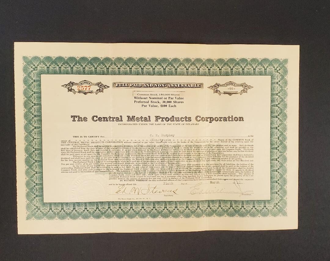 Central Metal Products Corp - Common Stock Certificate  - 96 Shares -1921