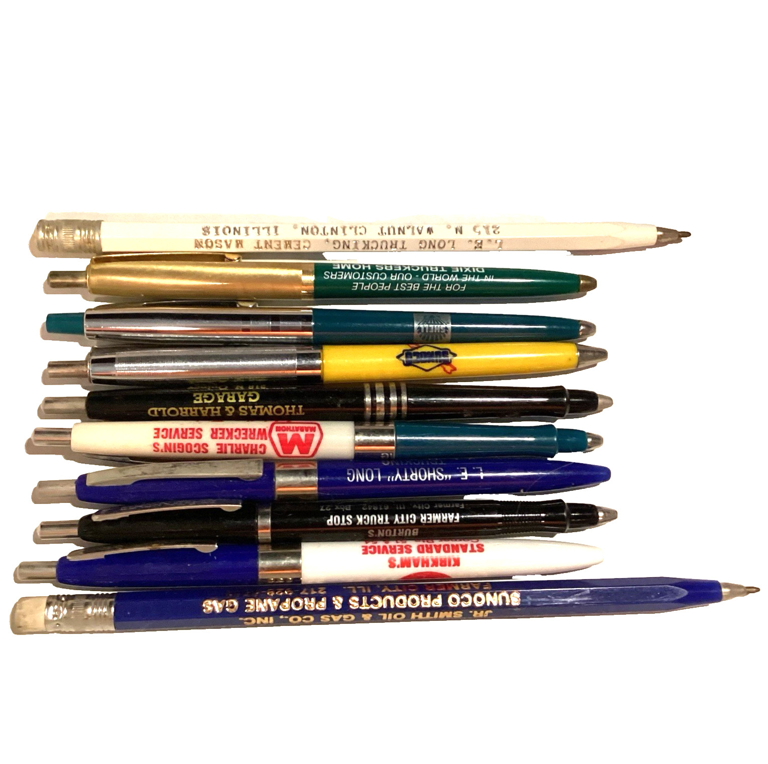 VINTAGE 1970'S ADVERTISING PENS GAS & OIL AND TRUCKING FROM ILLINOIS LOT OF 10