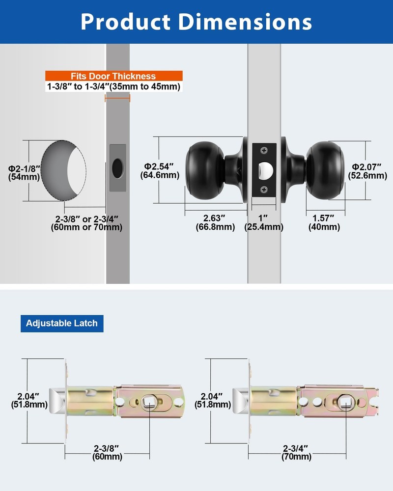 Lanwandeng Matte Black Passage Door Knobs Round Handles for 1 Pack,