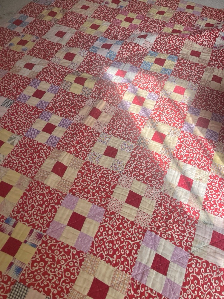 Vintage Red Calico Feedsack Patchwork Quilt Blanket Nine Patch 1900s Beautiful