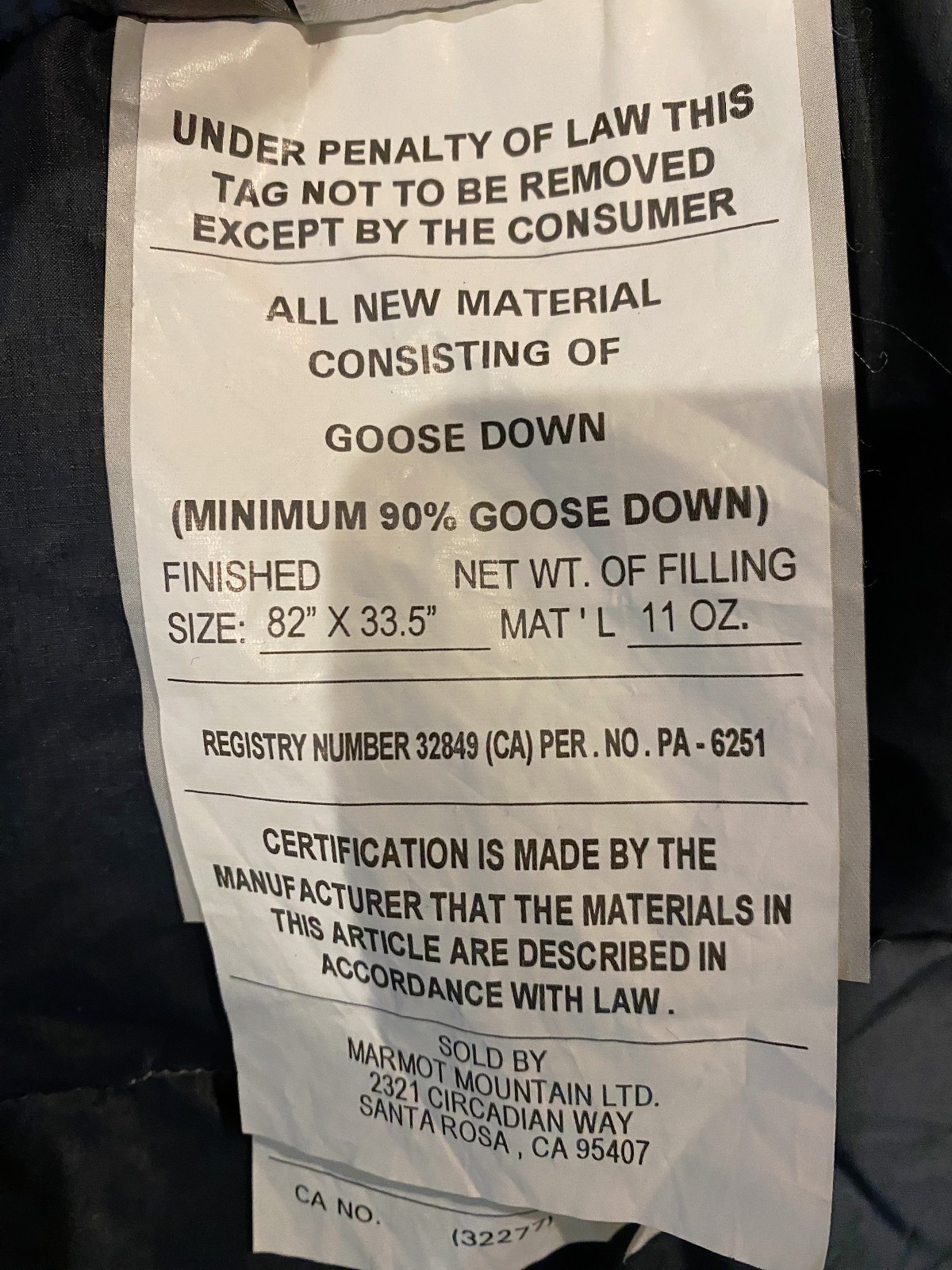 Marmot Arroyo Goose Down Sleeping Bag 30 Degree Left Zip 82"x33.5"