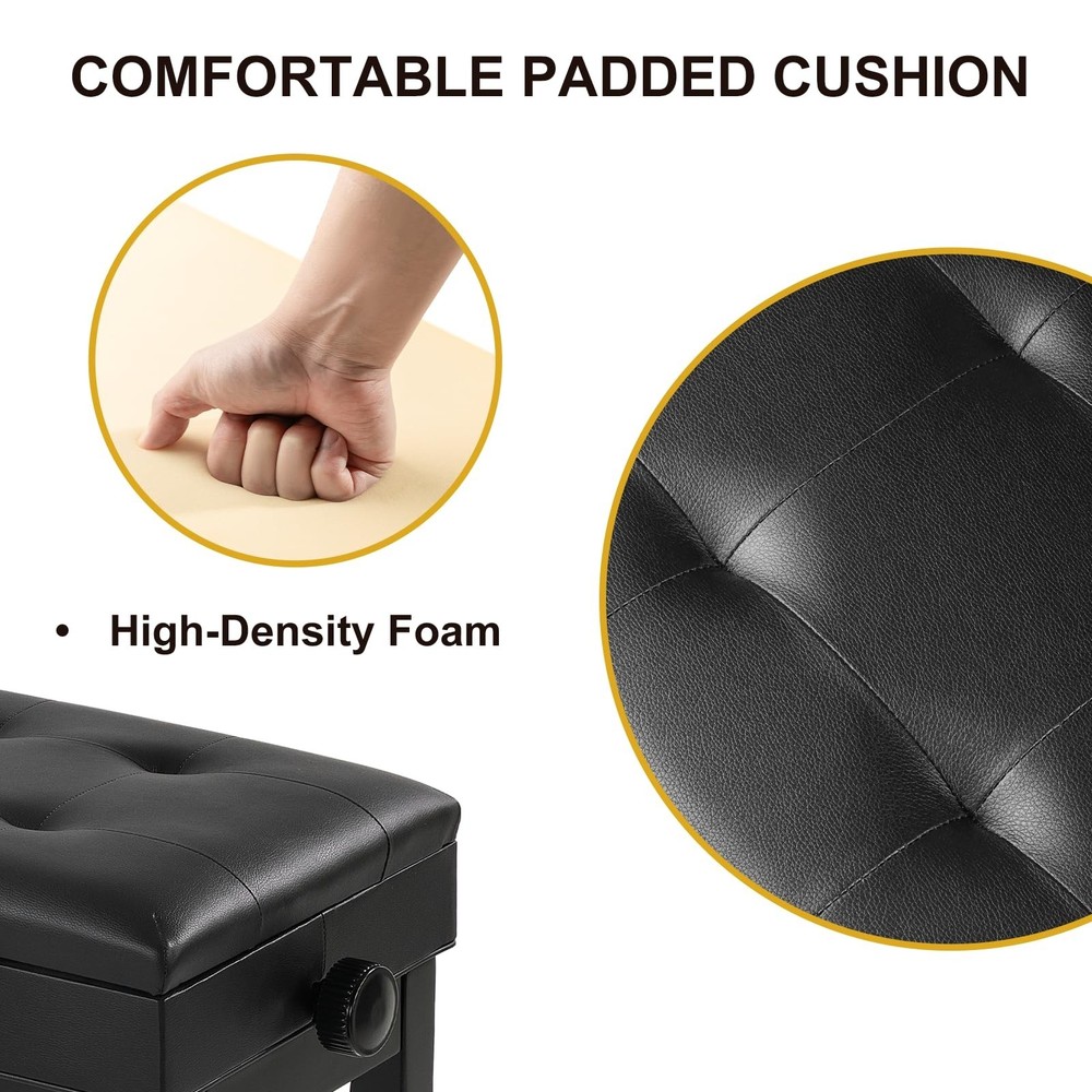 Adjustable Height Piano Bench with Storage, Solid Wood Duet Keyboard Stool, W...