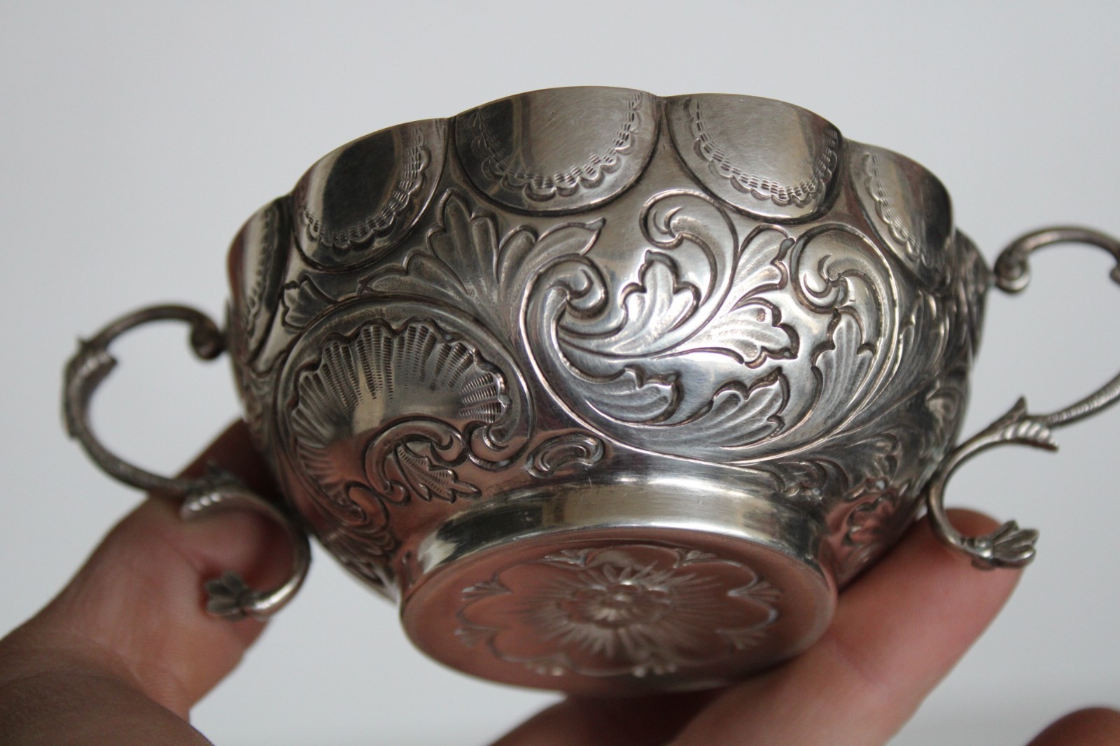 Antique 19th Century Silver Portuguese Bernegal Repousse Handled Religious Cup