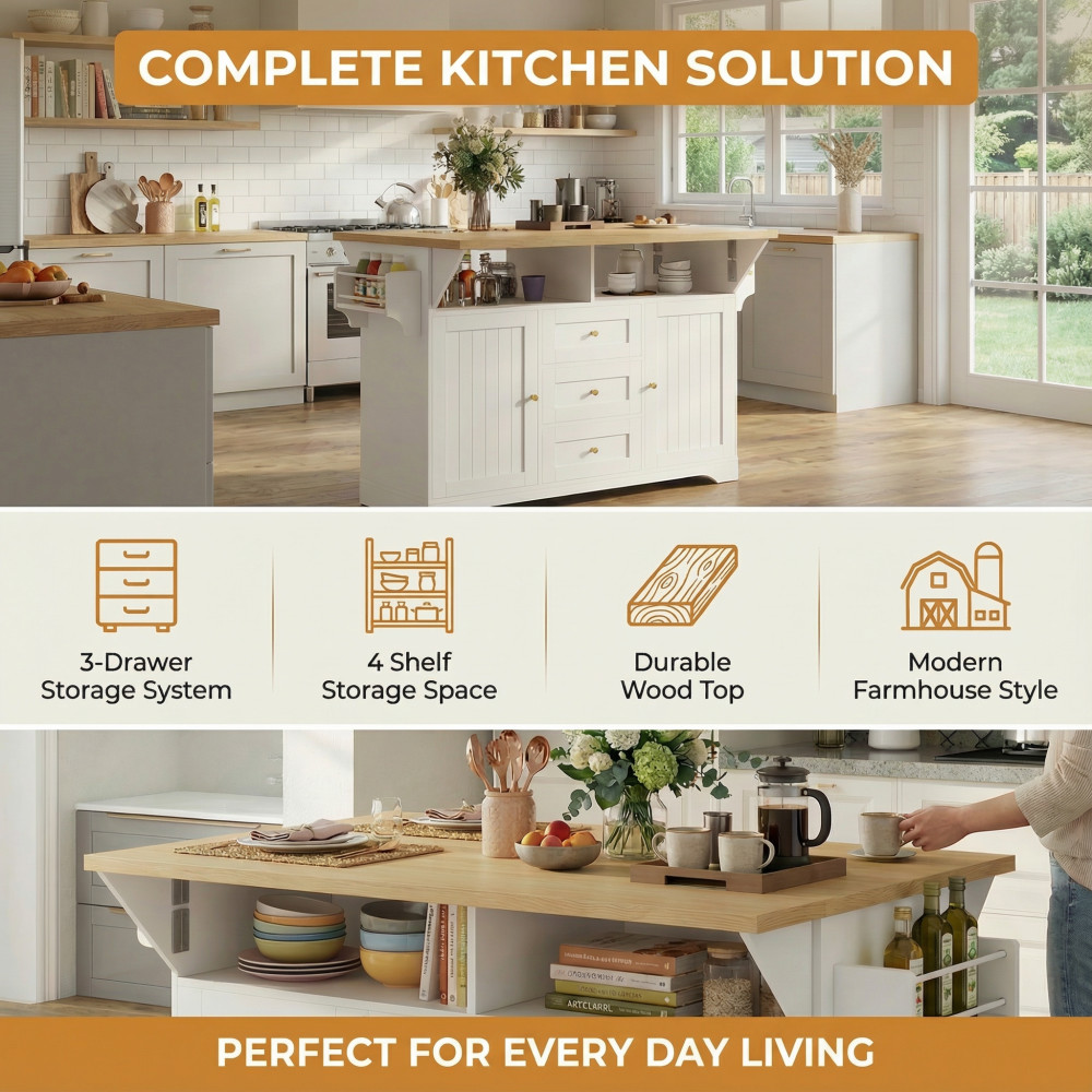 Kitchen Island w/ Power Outlet Wheels, Extendable Dining Table Storage White