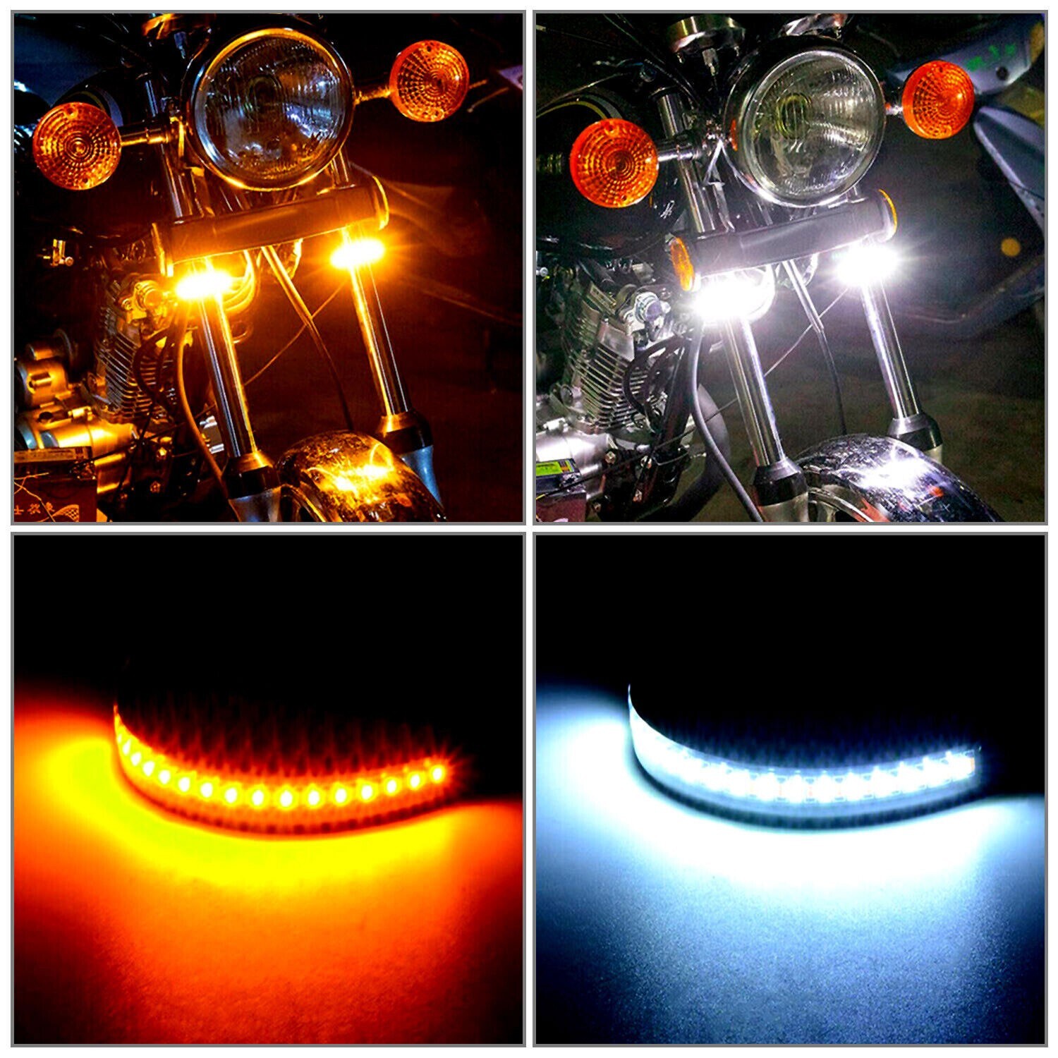 2 LED Motorcycle Turn Signals Light Blinker FORK Strip Flowing Amber Universal