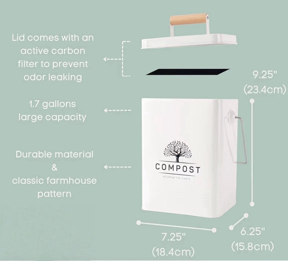 Kitchen Compost Bin, 1.7 Gallon Countertop Compost Bin with Lid, Indoor Compo...