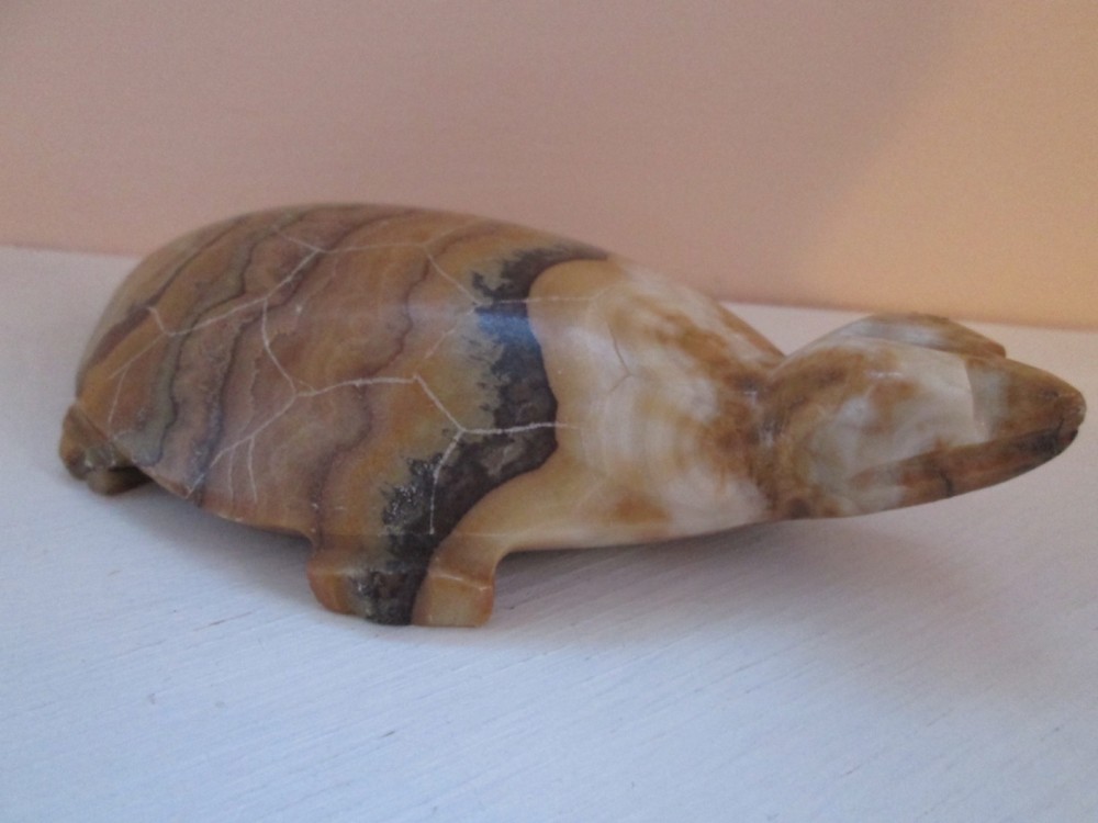 Solid Stone Turtle Figurine Hand Carved 6" Long