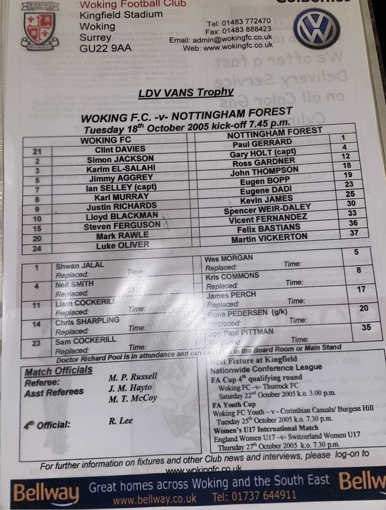 Woking v Nottingham Forest 2005-06 rare programme and teamsheet