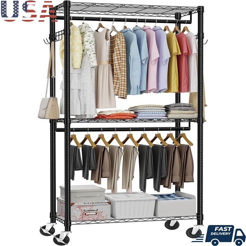 Heavy Duty Rolling Closet Rack Adjustable Shelves 350lbs Capacity Storage System