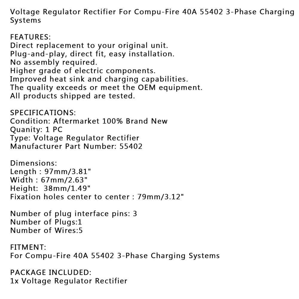 Voltage Rectifier Regulator For Compu-Fire 40A 3-Phase Charging Systems 55402 US