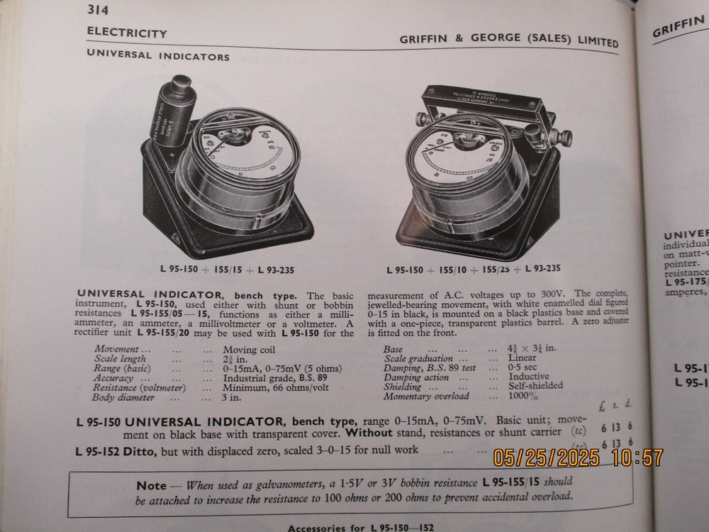 (103#) UNIVERSAL INDICATOR 1950's CATALOGUE FOR FULL SPEC {PHYSICS} GRIFFIN