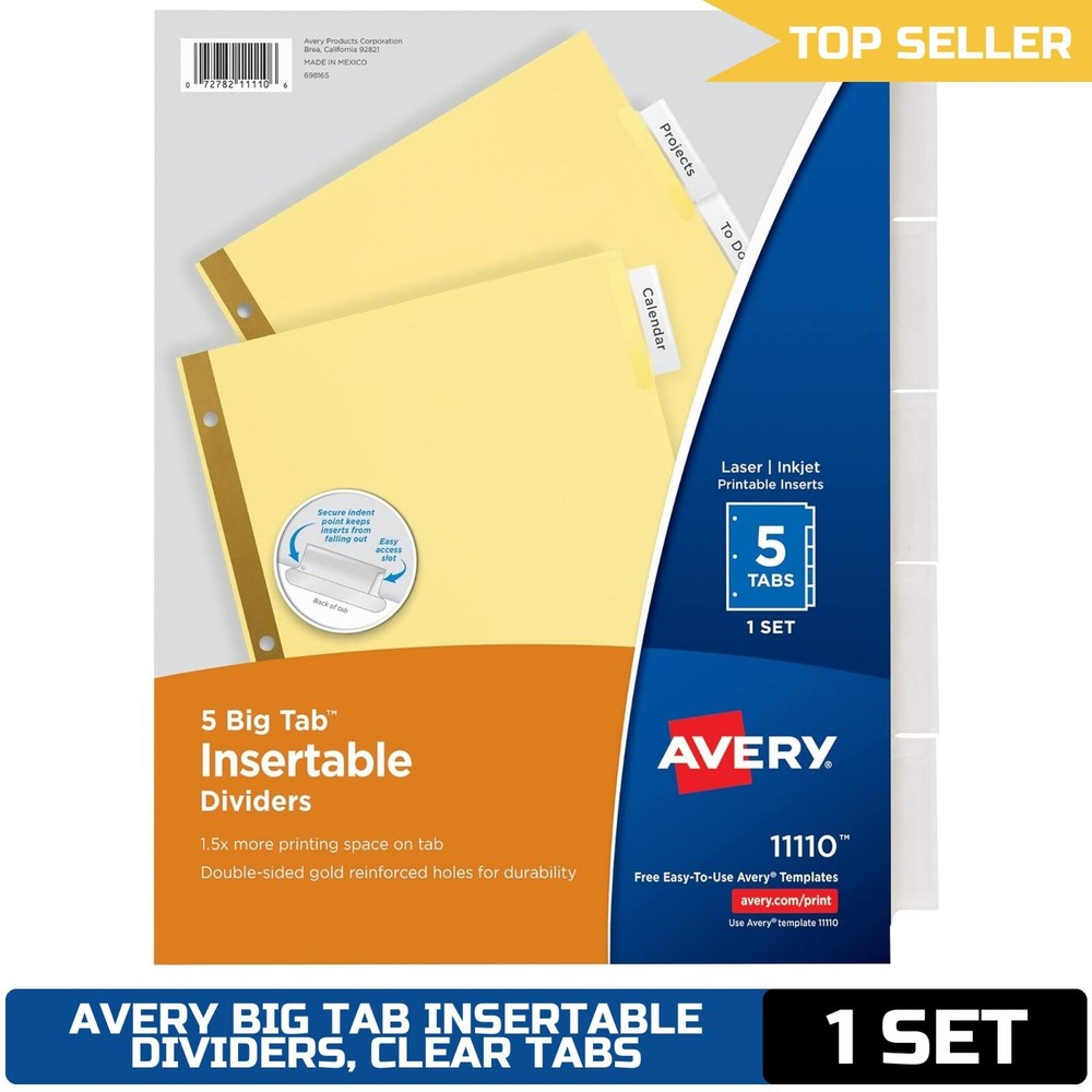 Avery Big Tab Insertable Dividers 5-Tab Set Buff Paper Clear Tabs 1 Binder Divid