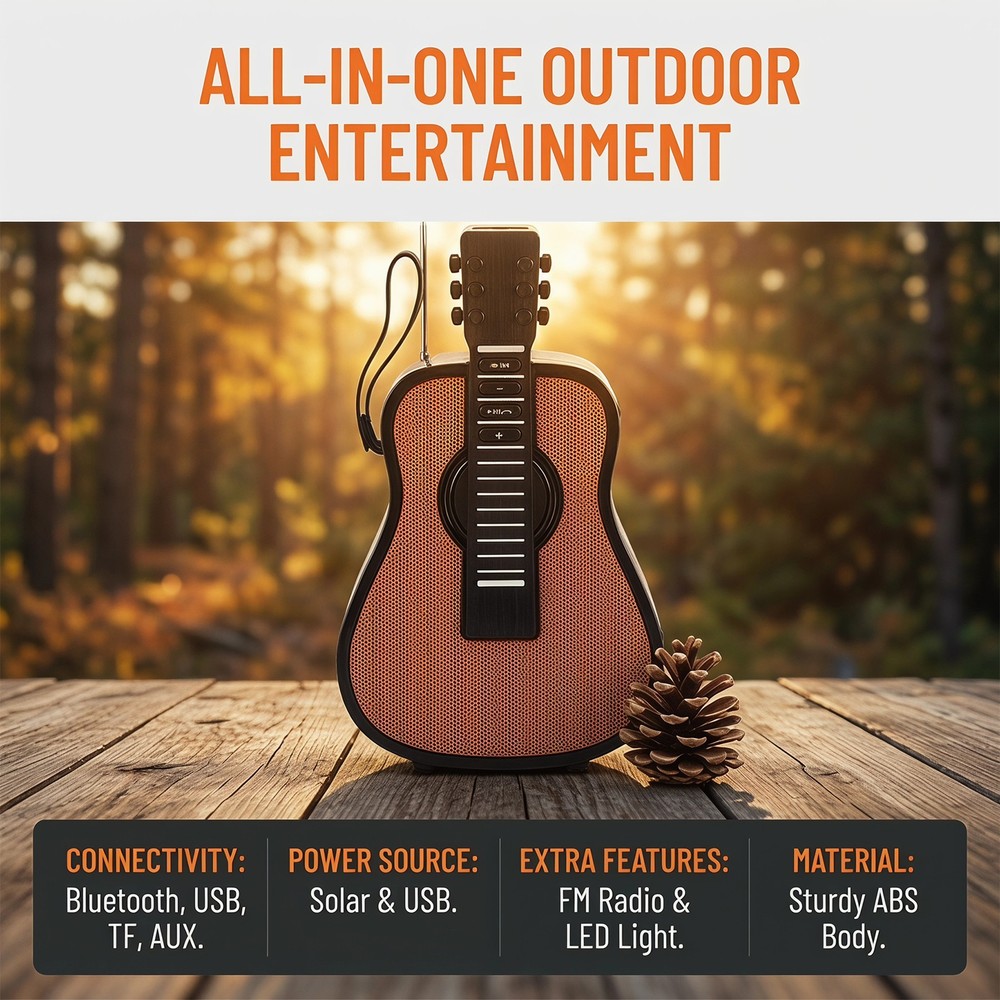 Portable Solar Rechargeable Guitar Design Bluetooth Speaker with Flashlight FM