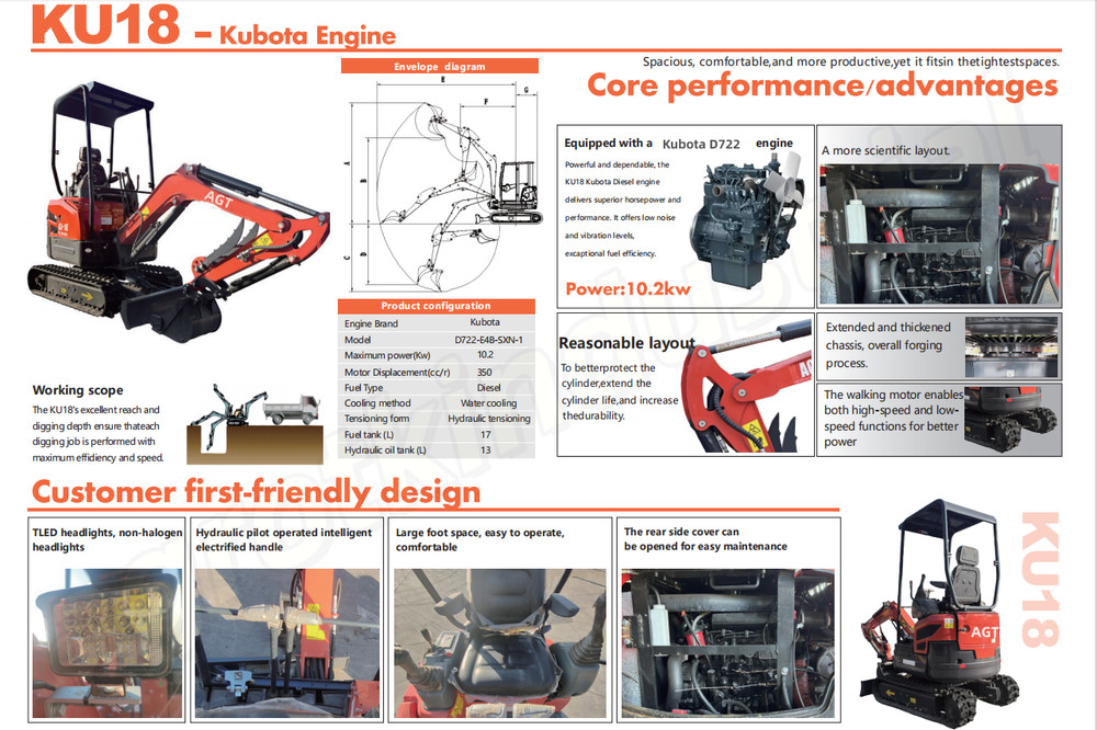 1.8 Ton Kubota Diesel Engine Mini Excavator Pilot Control Tracked Crawler Digger