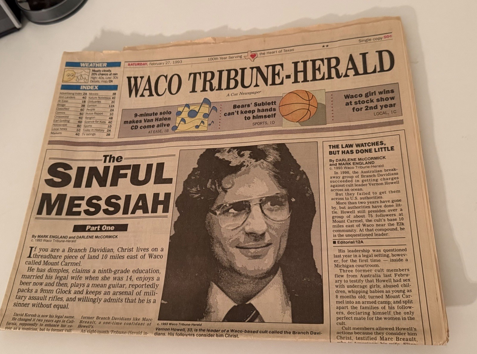 Waco Tribune Herald 2/27/93 David Koresh Branch Davidian  True Crime Newspaper
