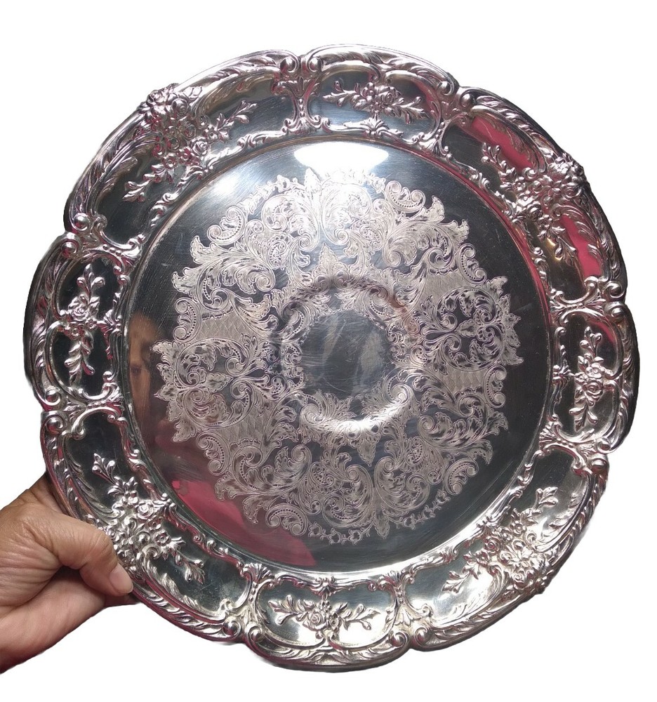 ROUND SILVERPLATE PEDESTAL PLATTER ETCHED FLORAL LEAF 588 / SHEFFIELD SILVER CO