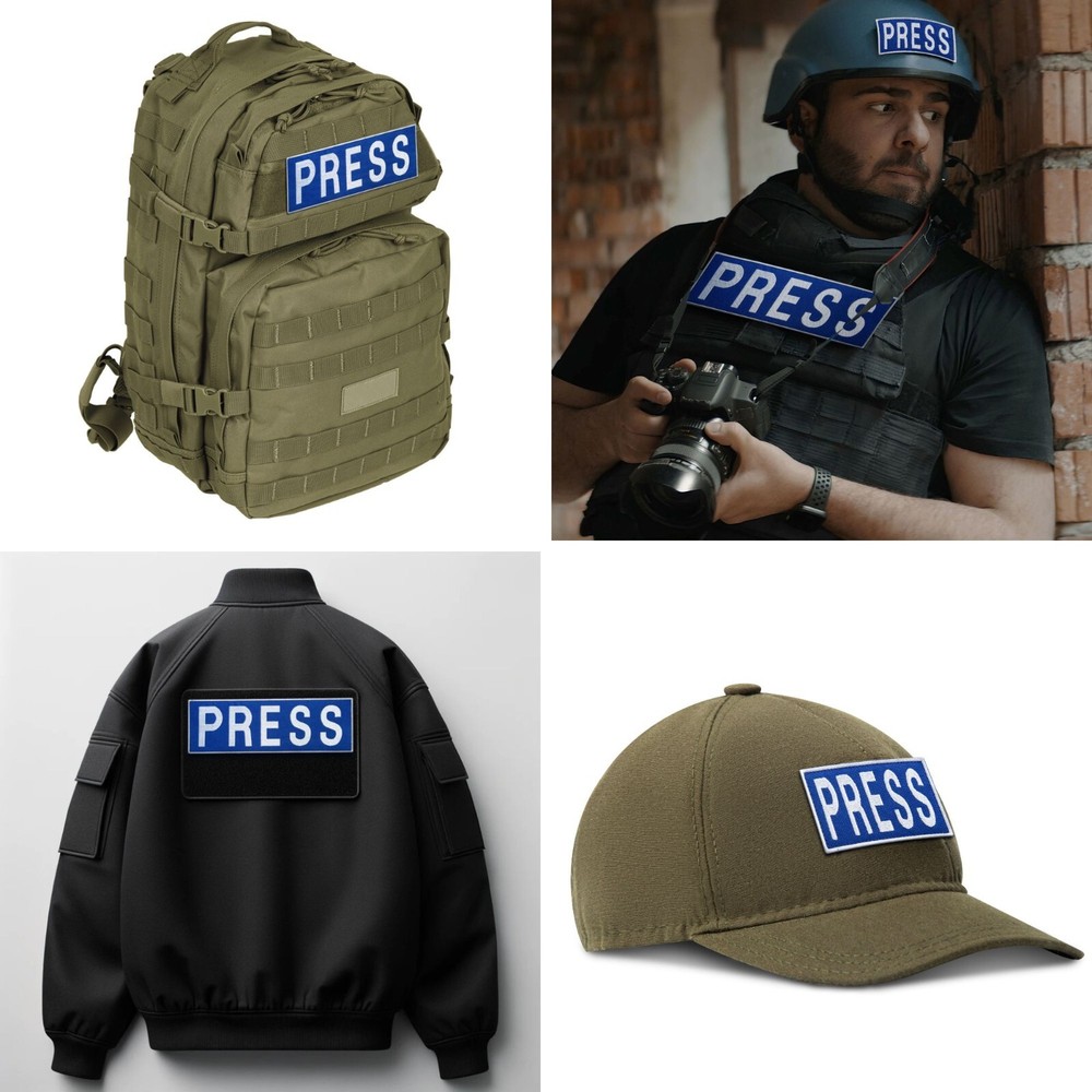 3-Piece Embroidered PRESS Patch for Vests, Jackets, Large & Small, Blue & White