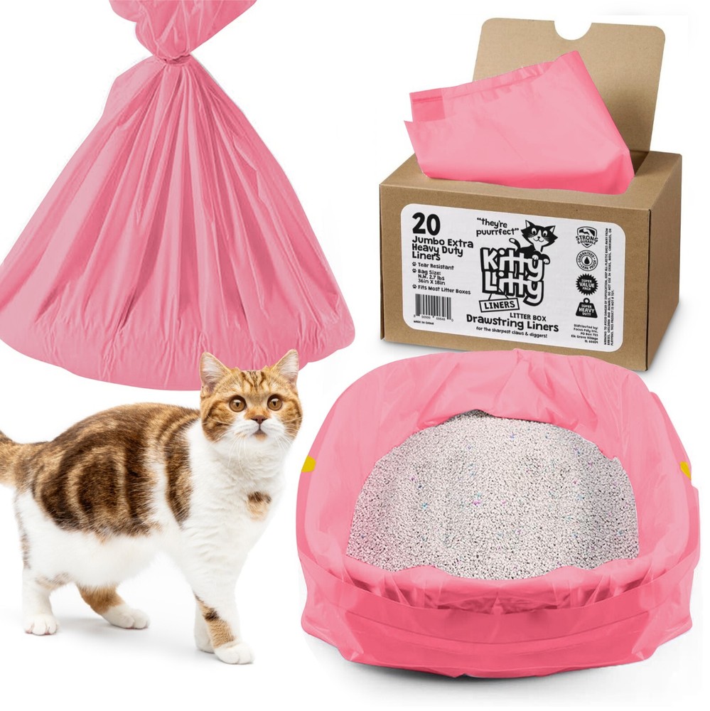 20 Count Cat Litter Box Liners, Pink Color, Drawstring, Extra Large, Kitty Litty