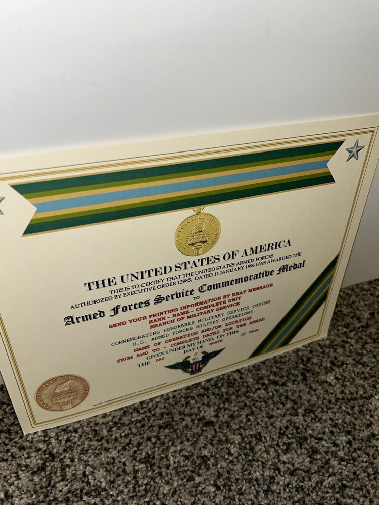ARMED FORCES SERVICE MEDAL COMMEMORATIVE CERTIFICATE ~ W/PRINTING TYPE-1