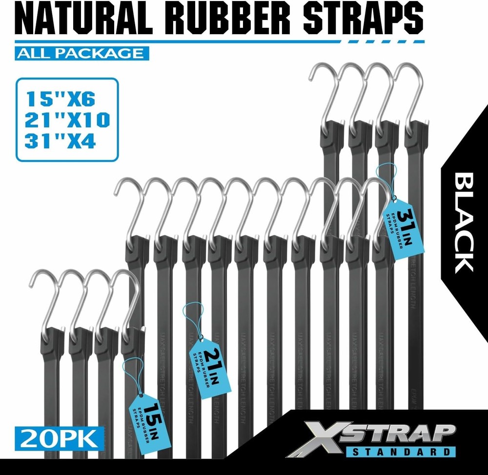 20 Pack Multiple Size Natural Rubber Tarp Bungee Straps Tie Down Cords with S...