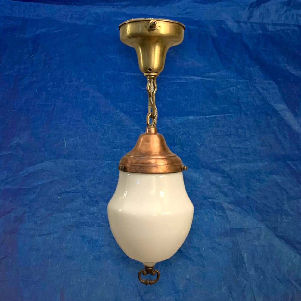 21" Brass Copper Pendant Light Milk White Globe Nice! 51F