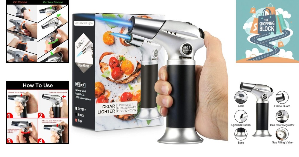 Mini Kitchen Blow Torch, Refillable, Adjustable Flame, Aluminum, 6"