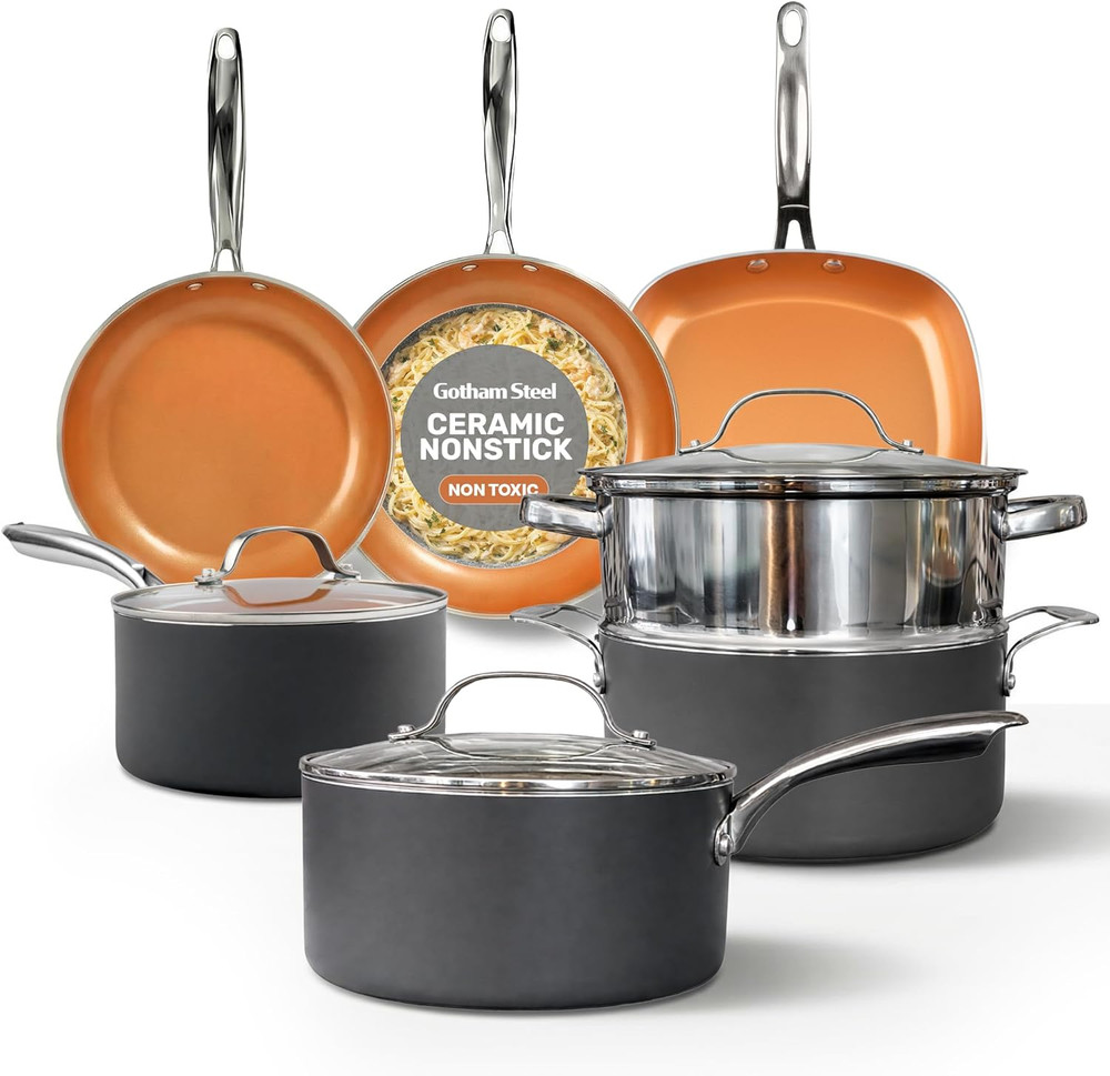 12 Pc Nonstick Ceramic Cookware Set with Steamer – Copper