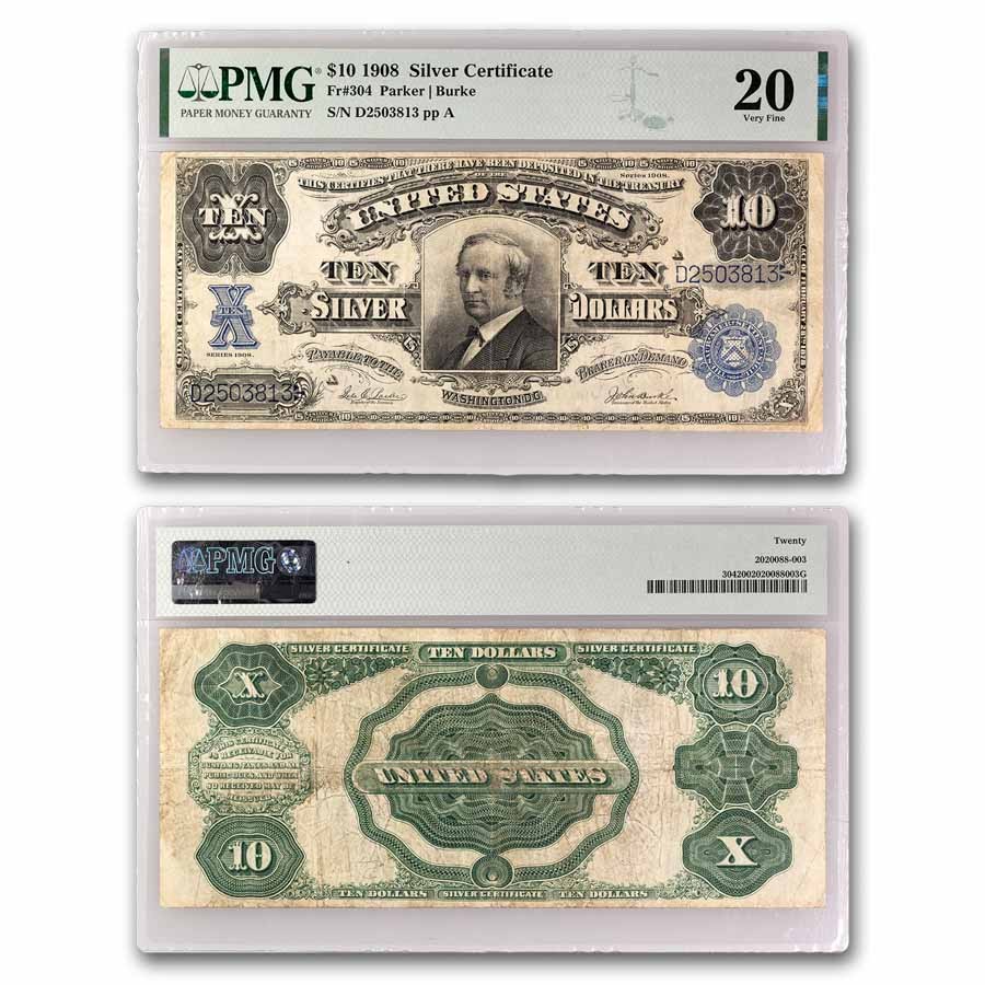 1908 $10 Silver Cert. Hendricks Tombstone VF-20 PMG (Fr#304)