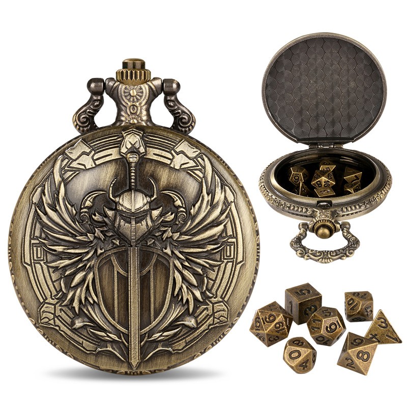 7pcs Mini Solid Metal Polyhedral DND Dice Set Paladin Pocket Watch Case Bronze