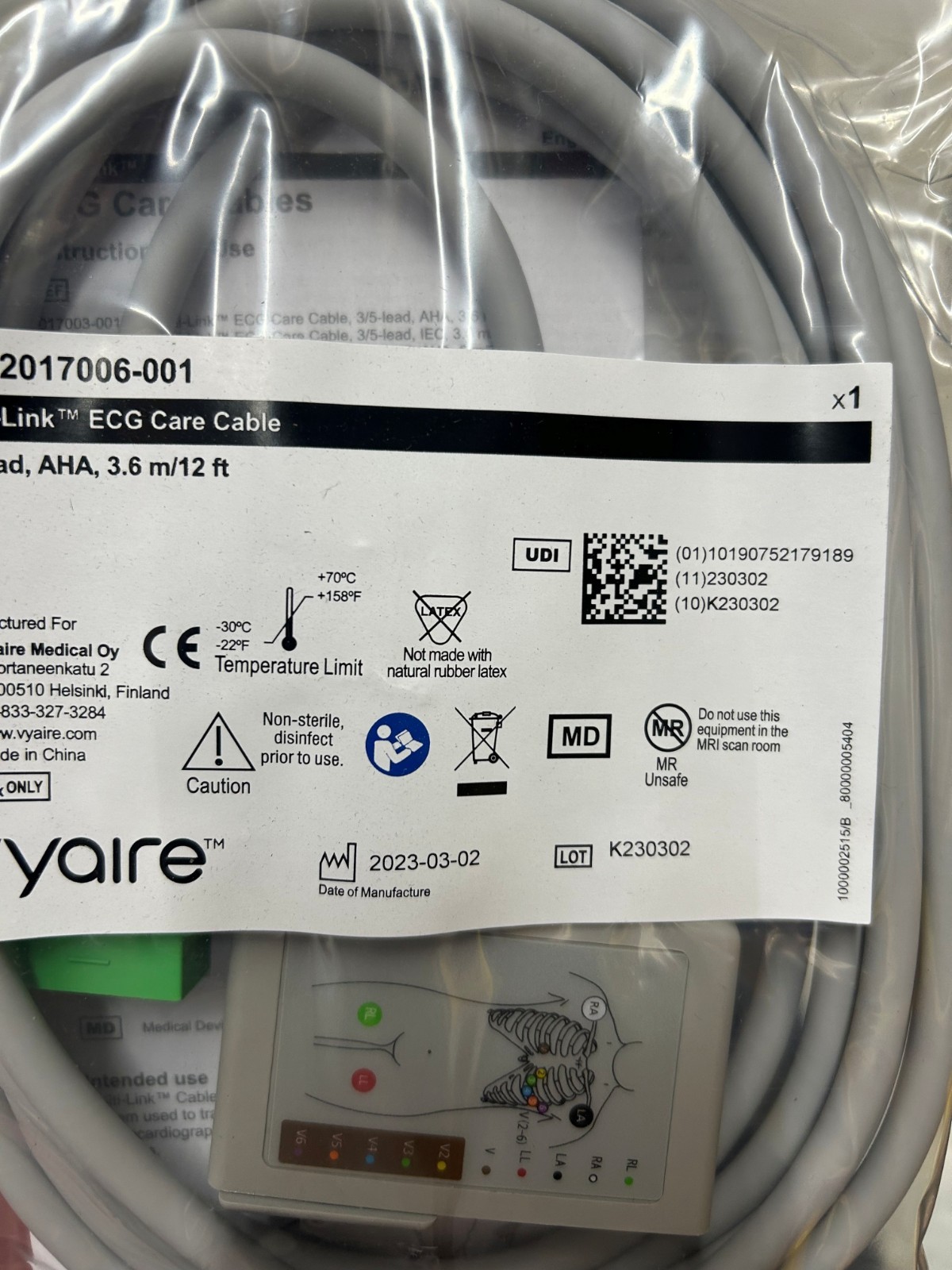 VYaire 2017006-001 Multi-Link ECG Care Cable 12-Lead AHA, 3.6 m/12 ft New in Bag