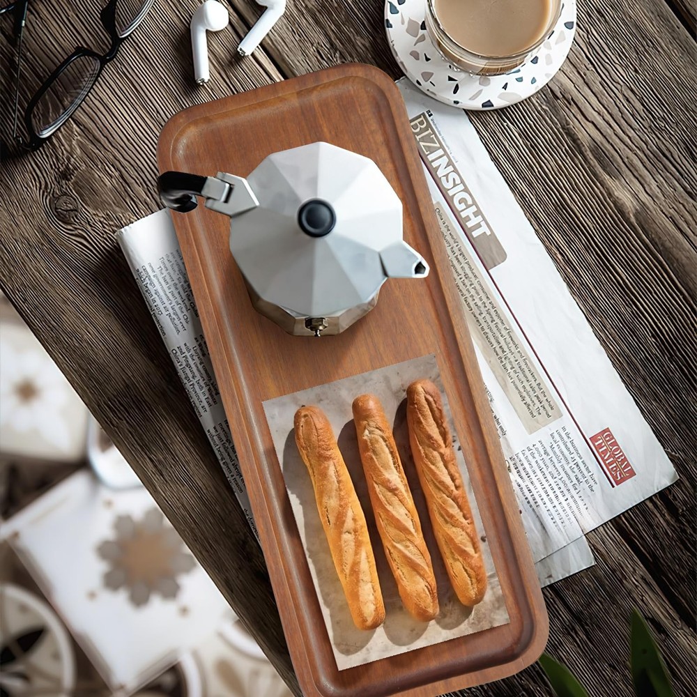 Solid Acacia Wood Serving Tray - 3 Pack, 14 x 5.5 Rectangular Wooden Serving Pla