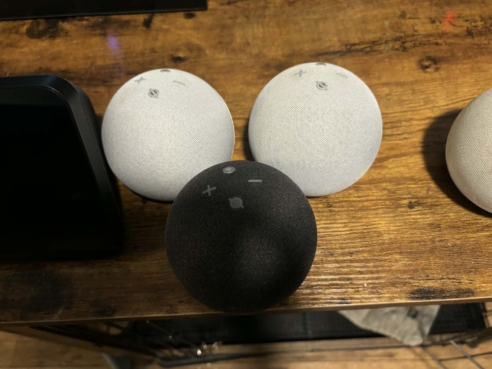 3 white, 1 black Echo Dot . 1 Echo show 8 Read Disc Amazon Alexa Separation Poss