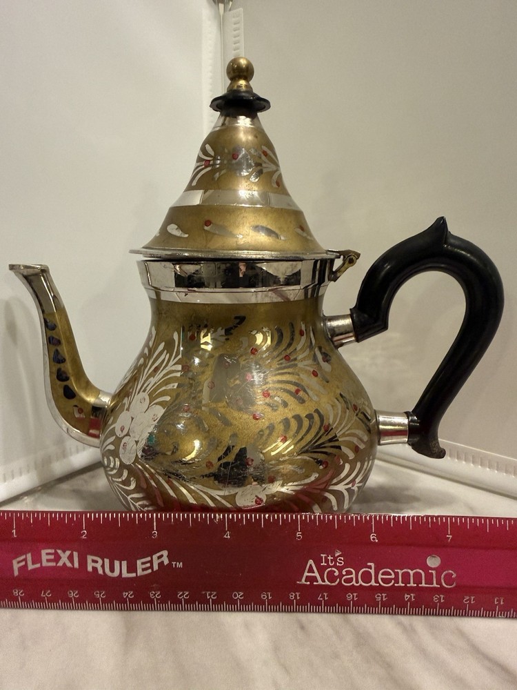 Vintage Tea Pot Small Middle Eastern Brass & Silver Plate