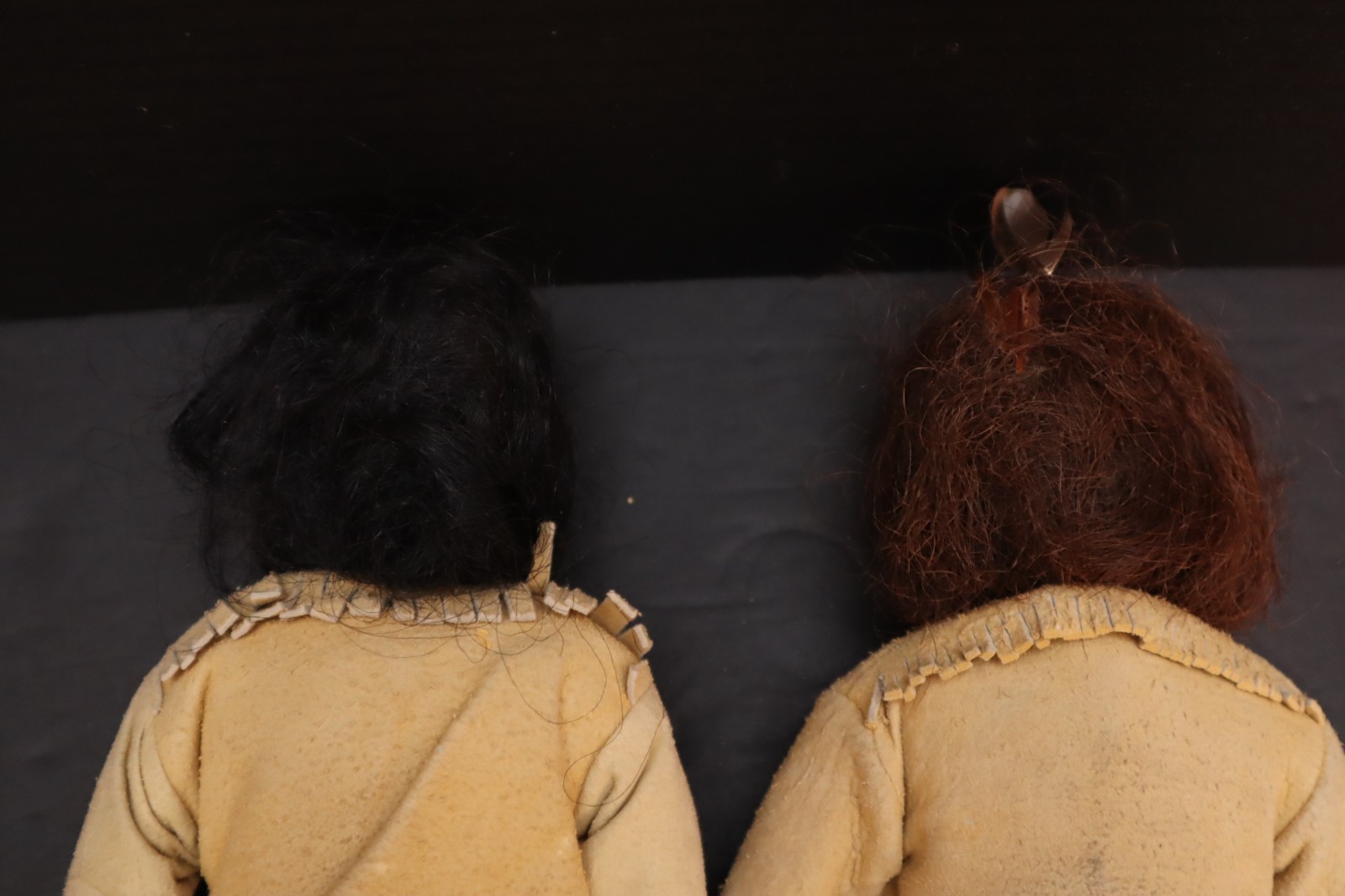 Antique Pair of NATIVE AMERICAN SIOUX Indian Wood Carved Leather Hide Dolls